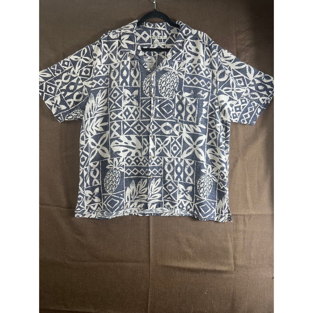 Batik Bay Men Large 100% Silk Hawaiian Shirt Pineapple Block Print Blue White